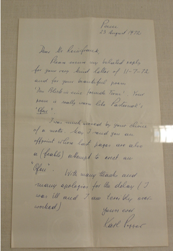 Brief von Karl Popper - Photo: J. Koch
